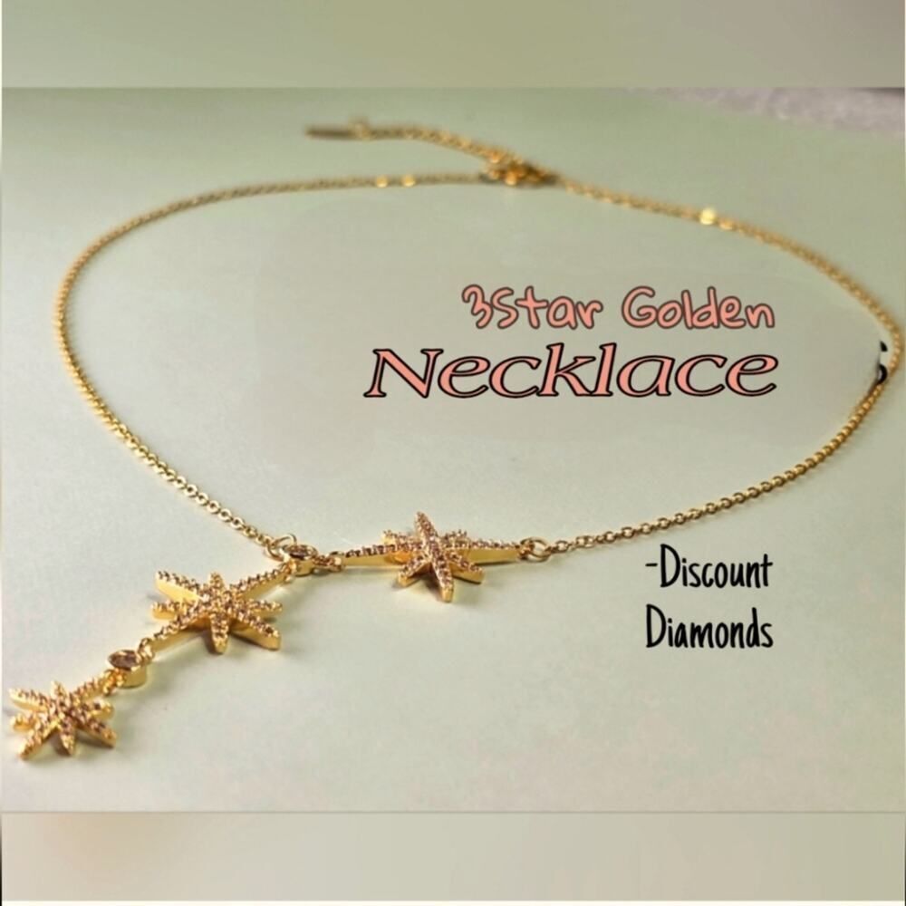 18K Yellow Gold Titanium Three Star Choker Lariat Necklace Natilural Zircon